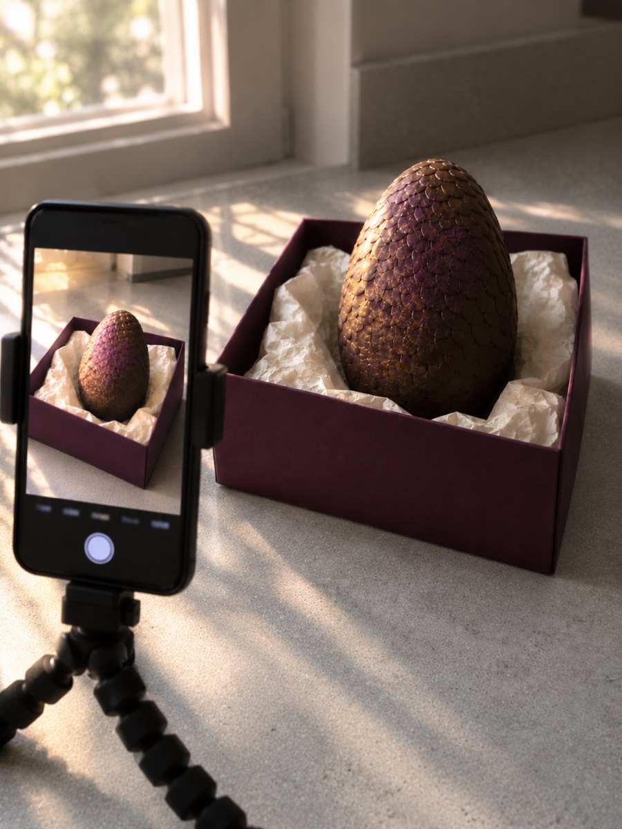 A phone on a small tripod photographing a finished dragon egg in an aubergine gift box, the same shot visible on the phone's screen