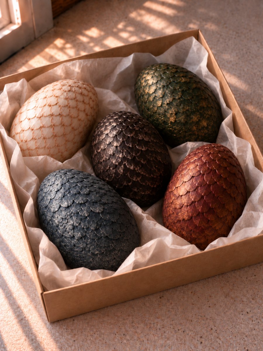 Five finished chocolate dragon eggs nested in crumpled parchment inside an open kraft gift box โ cream, forest green, charcoal, slate blue and copper red