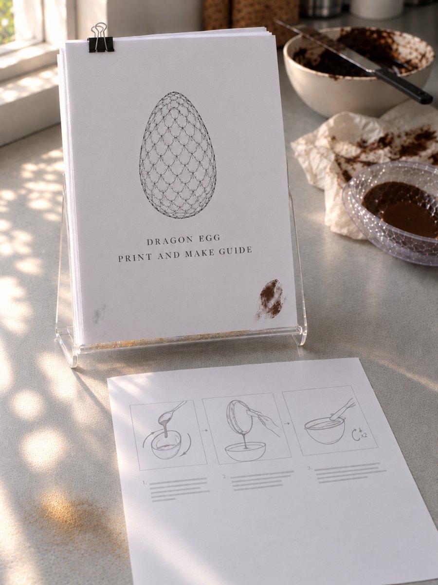 The printed Dragon Egg guide propped in a stand on the worktop, a step sheet laid out in front of it beside bowls of tempered chocolate